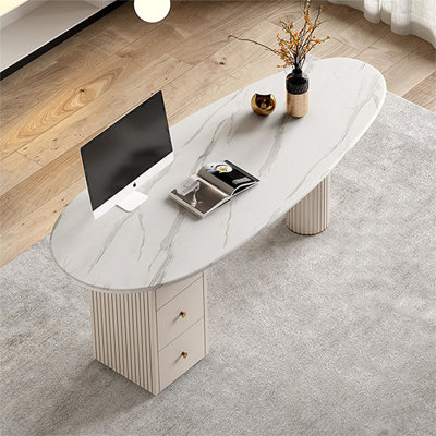White Oval Solid Wood with 3 drawers desk