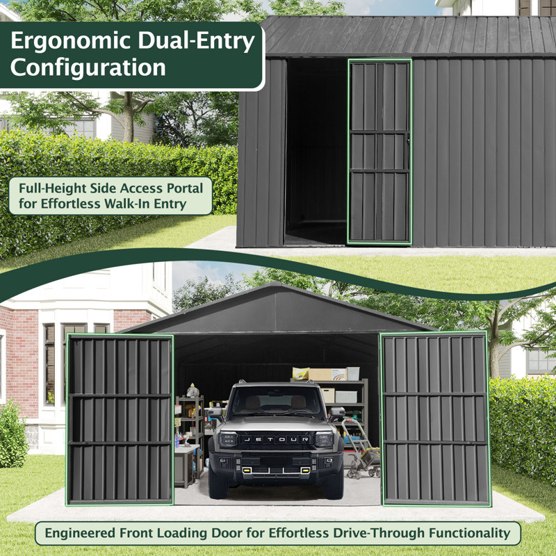 Patio Outdoor Huge Storage Shed, Metal Garage Carpot with 2 Double Hinged Doors, 15.7FT H