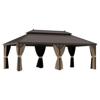 14 x 24 pi Pavillon de jardin d'extérieur à toit rigide avec double toit en acier galvanisé, crochets intégrés et base ancrée pour le jardin, le patio et la cour