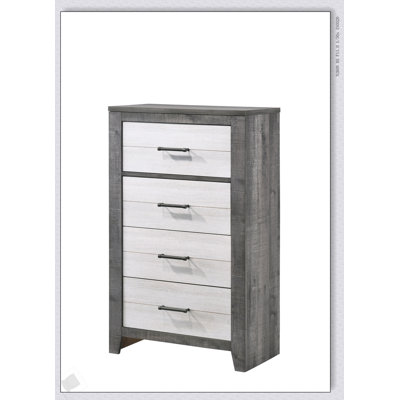 Commode de chevet de style campagnard avec finition deux tons, quatre tiroirs spacieux et poignées en métal pour un rangement moderne