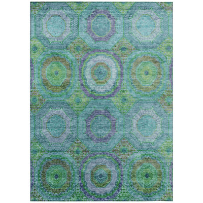 Machine Washable Indoor/Outdoor Xhevrie Teal Rug