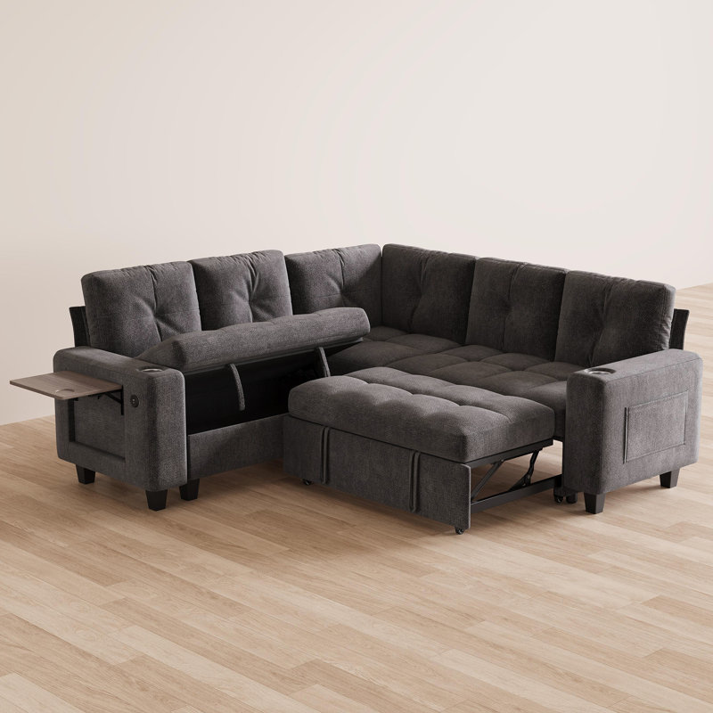 Canapé-lit modulaire capitonné en coin avec canapé-lit, chaise de rangement et table d'appoint Benett 83 po, Gris chenille