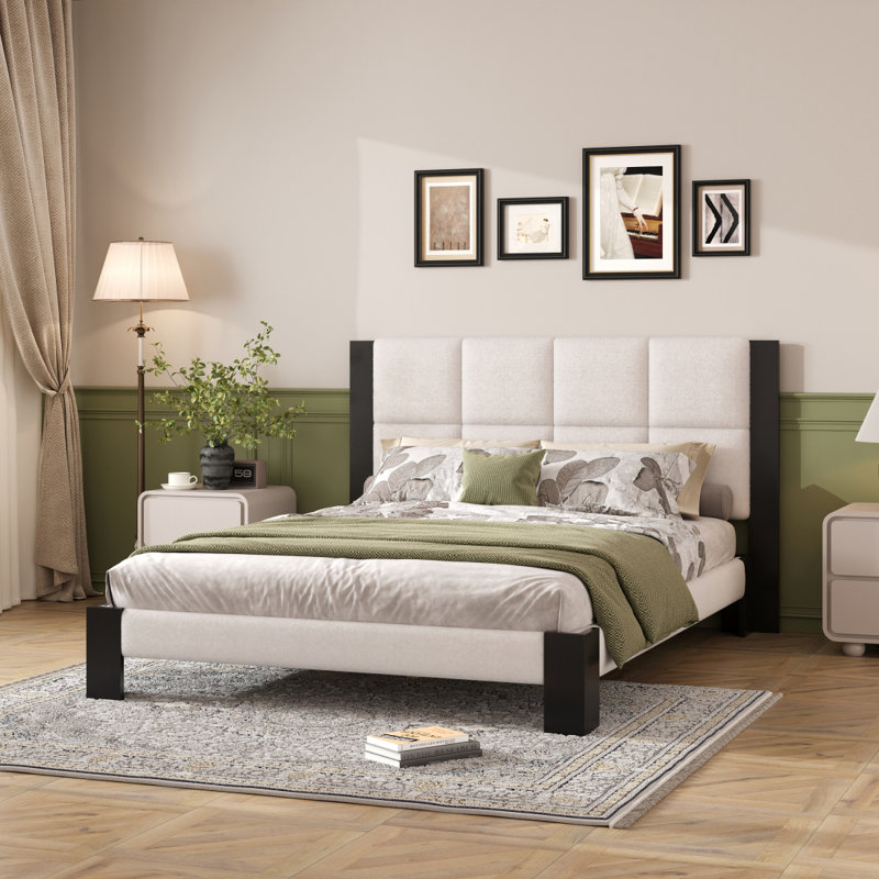 Structure de grand lit Boucle avec tête de lit carrée, beige et noir