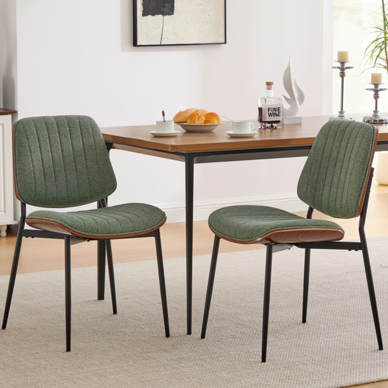 Ensemble de 2 chaises de salle à manger rétro du milieu du siècle en lin olive avec dossier rembourré, pieds fuselés en métal et revêtement PU anti-rayures, grain de noyer naturel, pieds stables.