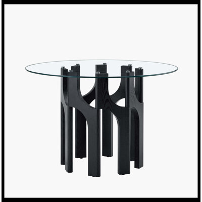 Table de salle à manger compacte en verre trempé rond avec base sculpturale en bois aggloméré noir - Table de cuisine pour 2 à 4 personnes, idéale pour les petits espaces, les appartements et les salles à manger modernes