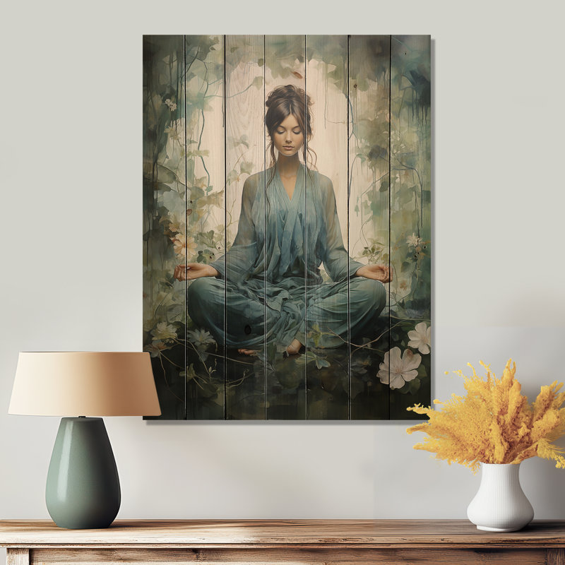Bleu sarcelle yoga sérénité intérieure sur bois, H 40 po x l 30 po x P 0,78 po