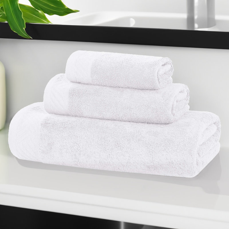 Olender Certified Egyptian Cotton Medium Weight Textured Soft Absorbent Solid 3 Piece Assorted Bathroom Towel Set, White