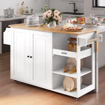 Wood Kitchen Island with Drop Leaf Breakfast Bar, Rolling Kitchen Cart with 2 Doors and 2 Shelves, Mobile Storage Island with Spice Rack and Towel Rack