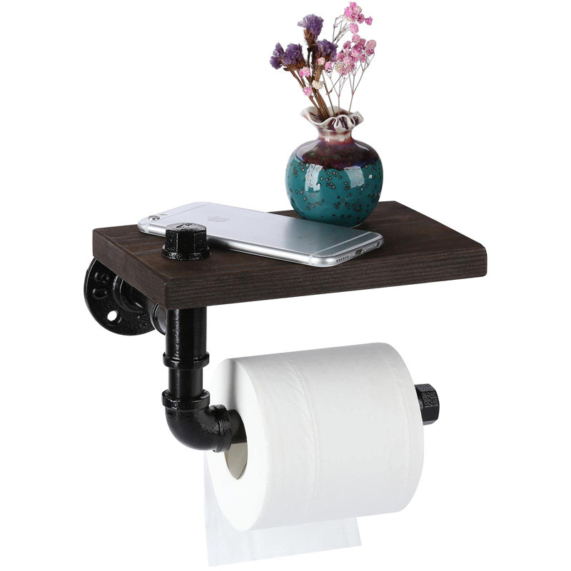 Porte-papier hygiénique avec tablette, porte-papier hygiénique mural avec tablette en bois rustique pour salle de bain, salle de bain (noir)