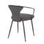 Chaise rembourrée en métal noir et tissu gris foncé.