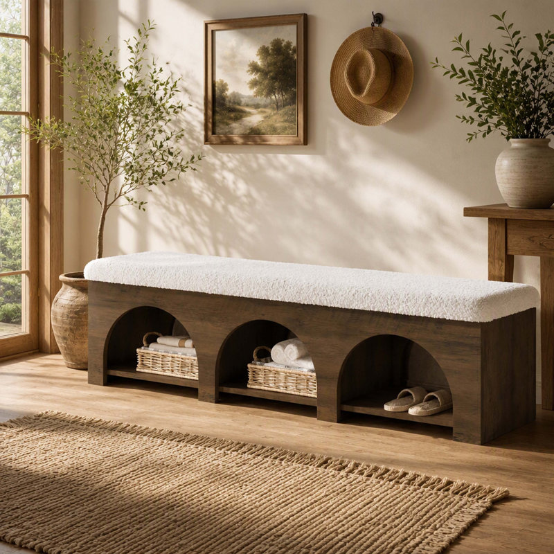 Banc d'entrée rembourré de 160 cm, banc à chaussures à 2 niveaux avec coussin et tablette de rangement