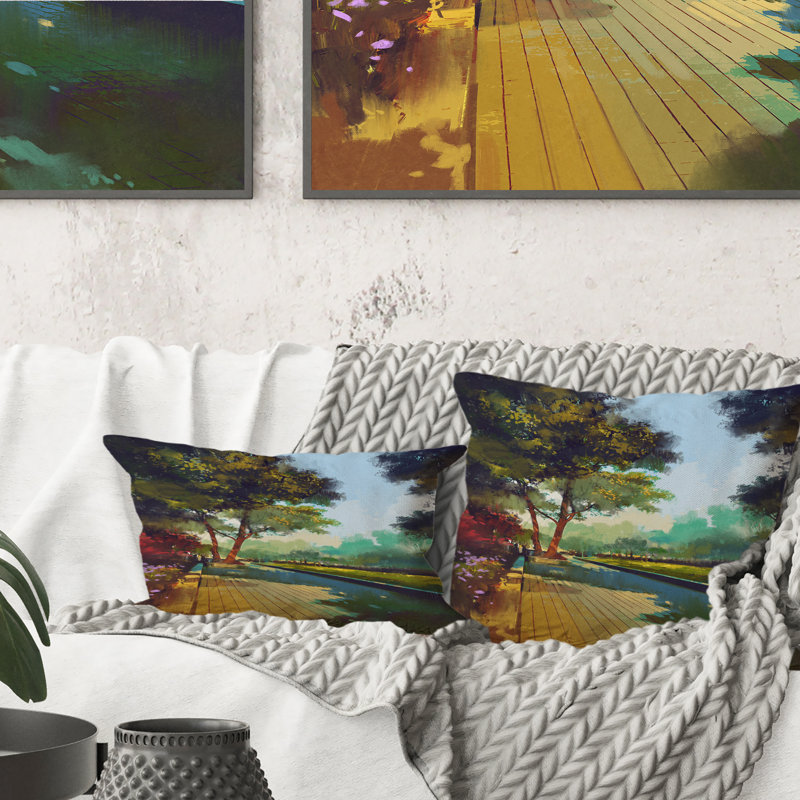 Alley In Colorful Spring Park - Coussin décoratif imprimé moderne, 18 po x 18 po