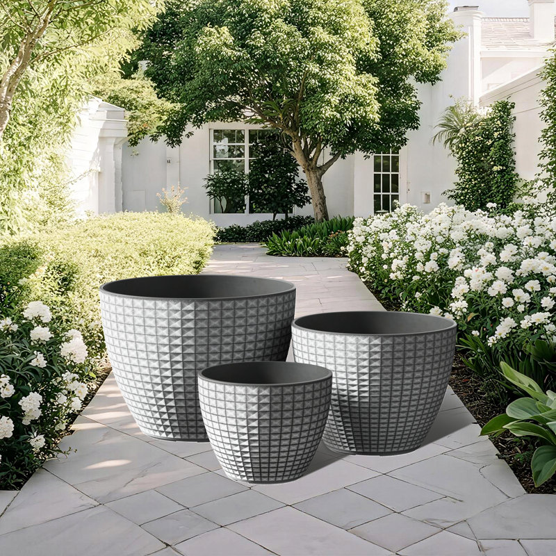 Ensemble de trois pots de fleurs avec motif à carreaux, Blanc