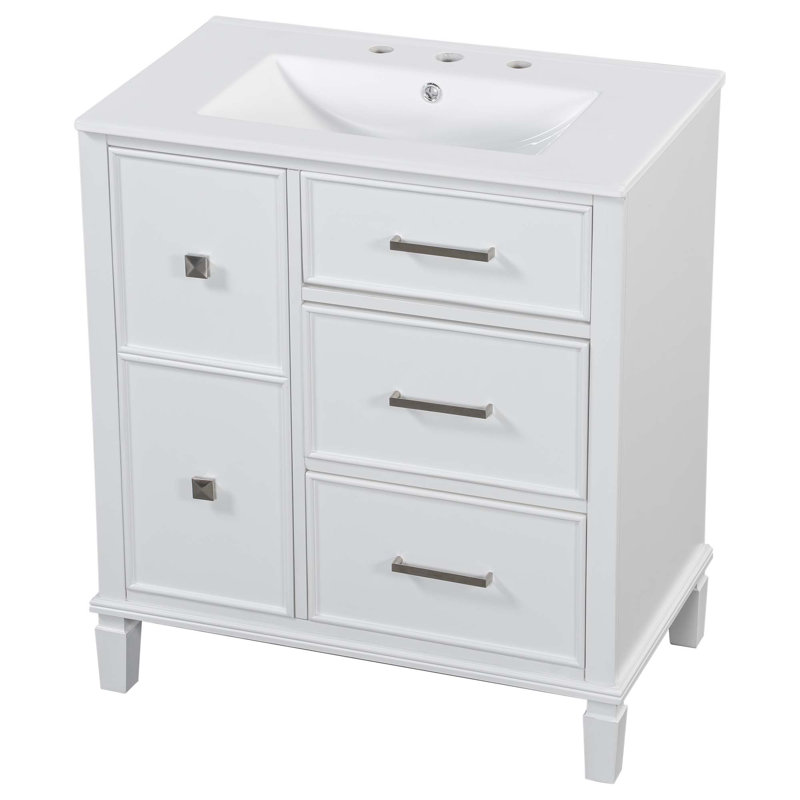 Meuble-lavabo de 30 po avec lavabo en céramique, tiroir escamotable pour la plomberie, portes et tiroirs à fermeture en douceur, armoire en panneau de fibres à densité moyenne peint avec pieds en bois massif