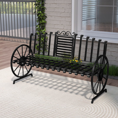 56.3" Metal Outdoor Bench, Porch Welcome Benches, Garden Bench With Flip Table And Wagon Wheel Arms by Astoria Grand