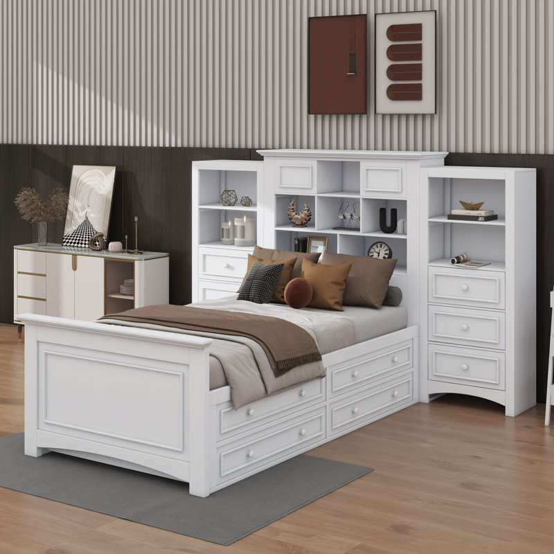 Lit plateforme simple en bois avec armoire verticale intégrée et double ensemble de 4 tiroirs de chaque côté, Blanc