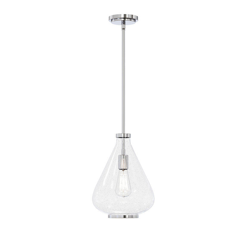 Kostner 1-Light 9.75” Wide Pendant, Brushed Nickel, Clear Bubble