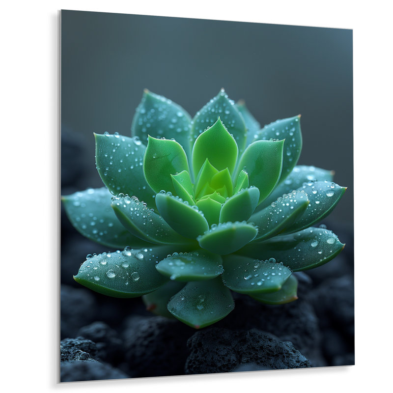 Gouttes de pluie vertes et grises sur un cactus du désert - décoration murale cactus floral, Métal métal