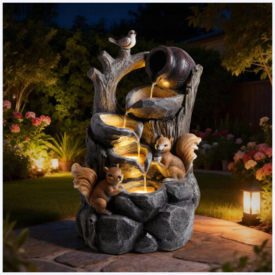 Squirrel Outdoor Water Fountain With Lights Waterfall Garden Decor Resin Tree Stump Pouring Jug For Patio Yard Porch