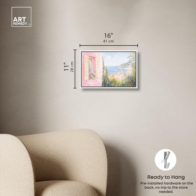 Toile rose méditerranéen par Art Remedy, H 11 po x l 16 po, Cadre flottant, Blanc
