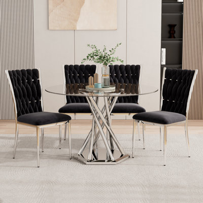 47.2" Round Glass Dining Table set for 4, 5-Pieces Round Dining Table Set, Clear Glass Dining Table set with 4 Velvet Upholstered Chairs, for Kitchen, Dining Room, Apartment