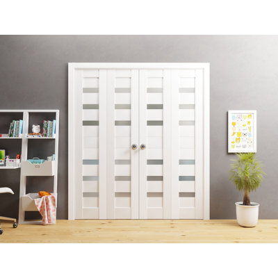 Sliding Closet Double Bi-Fold Doors | Quadro 4266 White Silk With Frosted Glass | Sturdy Tracks Moldings Trims Hardware Set | Wood Solid Bedroom Wardrobe Doors