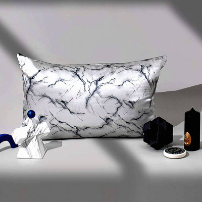 Luxury Silk Marble Pillowcase - 100% Mulberry Silk, Hidden Zipper, 19 Momme Soft & Smooth, Grey Print Cover for Queen Size Bed - Hair & Skin Benefits