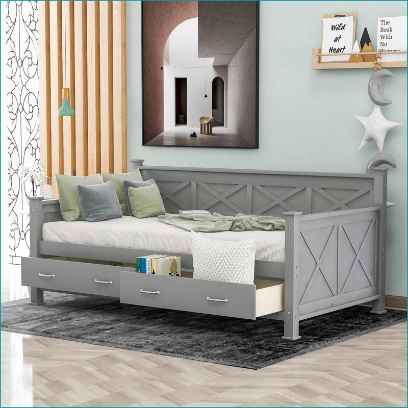 Twin Size Solid Wood &amp; MDF Storage Daybed with X-Frame, No Box Spring Needed, Gray for Guest/Living Room
