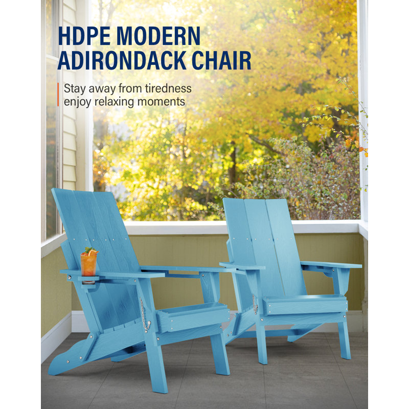 Adirondack Chair, Oversized HDPE Folding Adirondack Chair With Cup Holder, Blue