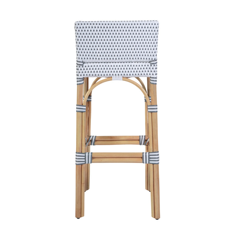 Serienna Blue & White Rattan Low Back Counter Stool, White/Light Gray Dot, Bar Stool (30" Seat Height)