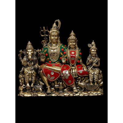 Small Brass Shiva Family Statue with Inlay Work Hindu Home Décor
