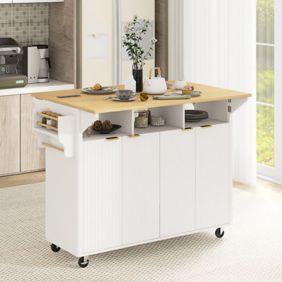 55.5" W Kitchen Storage Cart With 2 Drop Leaf,Power Outlet And Adjustable Shelves