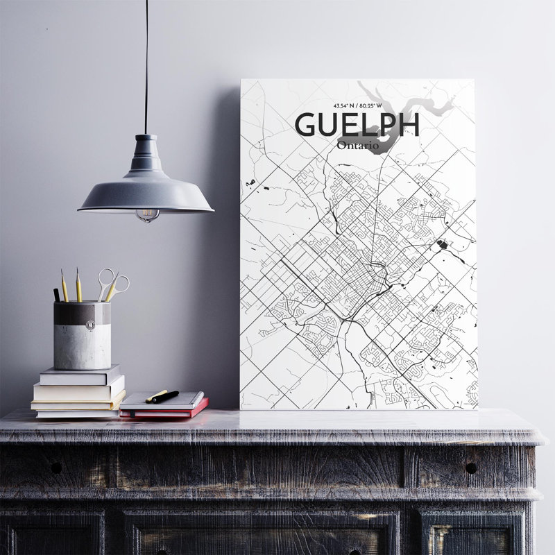 Guelph City Map, impression, Noir / blanc, H 27,6 po x l 19,7 po