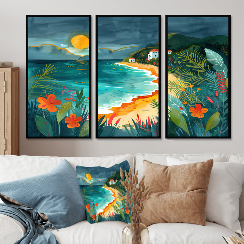 Ensemble de salon art mural orange plage verte au Mexique I - plage, 28" H x 12" W x 1" D, Toile avec cadre flottant noir