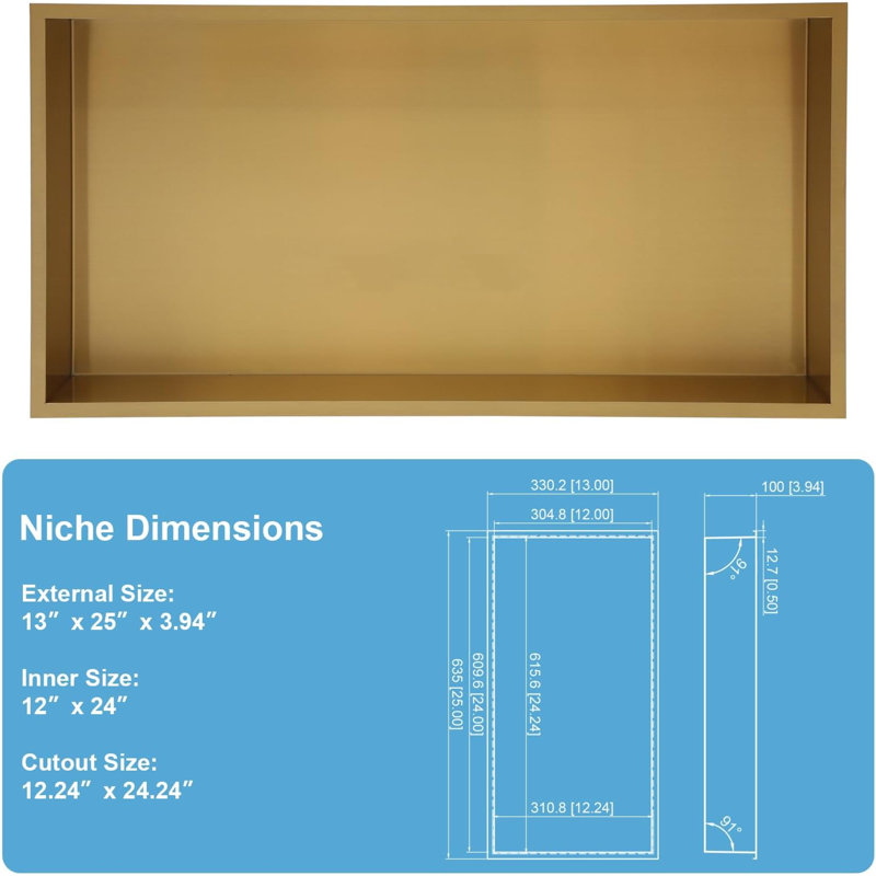 24"x12" Shower Niche Single Shelf Bathroom Wall Niche In-Wall Organizer for Soap and Accessories Horizontal Use, Gold