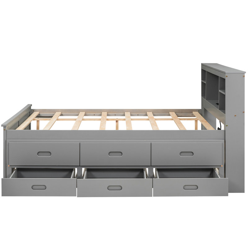 Lit plateforme gris avec rangement, lit gigogne simple, 3 tiroirs et ports dans la tête de lit