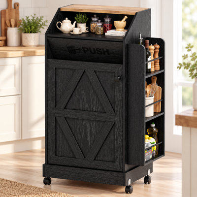 Mobile Rolling Trash & Recycling Cabinet, Kitchen Storage Cart with Trash Slot, Barn Door and 3-Tier Open Side Shelves for Kitchen Organization