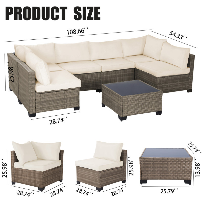 7 Piece Patio Furniture Set, Outdoor Wicker Modular Sectional Patio Conversation Set With Thicker Cushion & Tempered Glass Coffee Table For Backyard