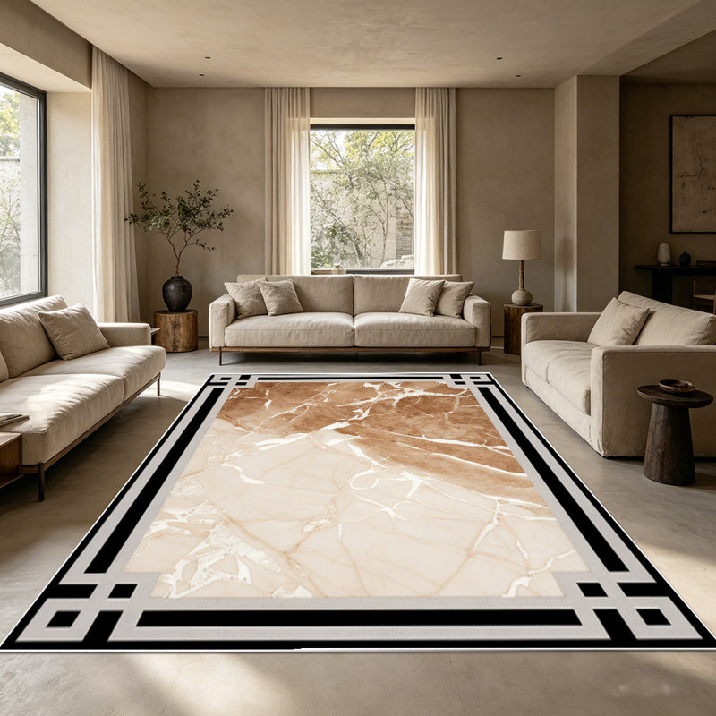 Marble Pattern Area Rug, Modern Abstract Veined Floor Carpet with Decorative Border, Soft Washable Low-Pile Rug for Living Room, Bedroom, Dining Room, Office