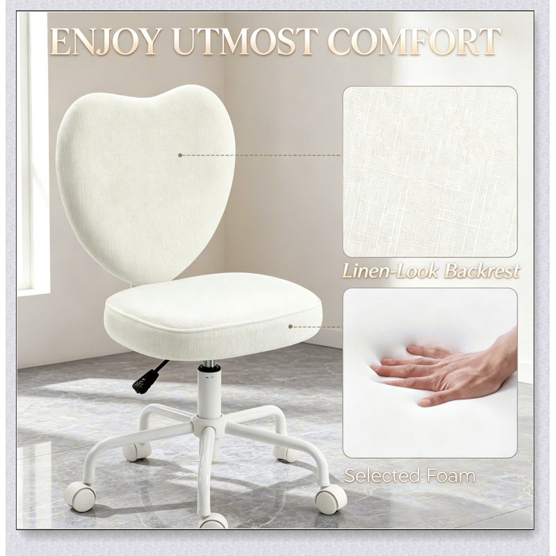 Chaise de coiffeuse à dossier en forme de cœur, chaise de bureau pivotante à 360° et réglable en hauteur avec roulettes pour un confort et un style optimaux.
