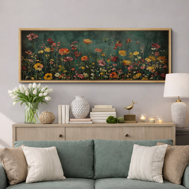 Moody Green Wildflower Florals Modern Decor, très grandes photos, impression sur toile encadrée, H 20 po x l 60 po, Naturel