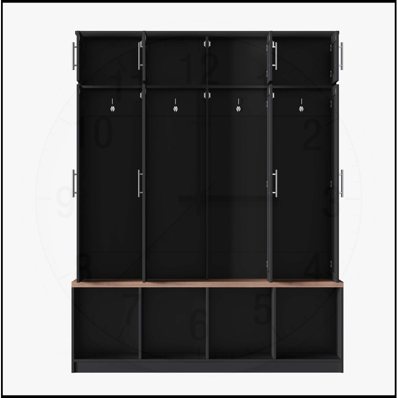 Farmhouse Hall Tree with 4 Hidden Hooks, Versatile Walnut Seating Bench and 8 Door Shoe Cabinet, Ideal for Entryways and Living Rooms