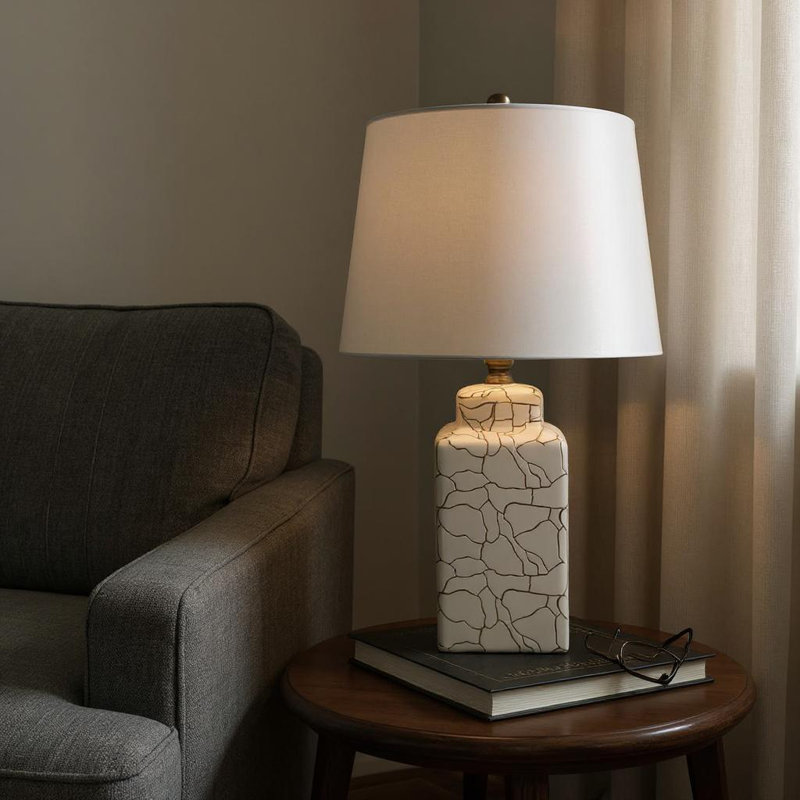 59cm Ceramic Table Lamp with Fabric Shade Textured Base | Modern Bedside Lamp for Bedroom or Living Room Décor