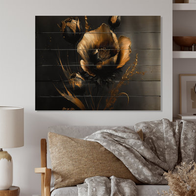 Motif floral noir et doré I - impression sans cadre sur bois