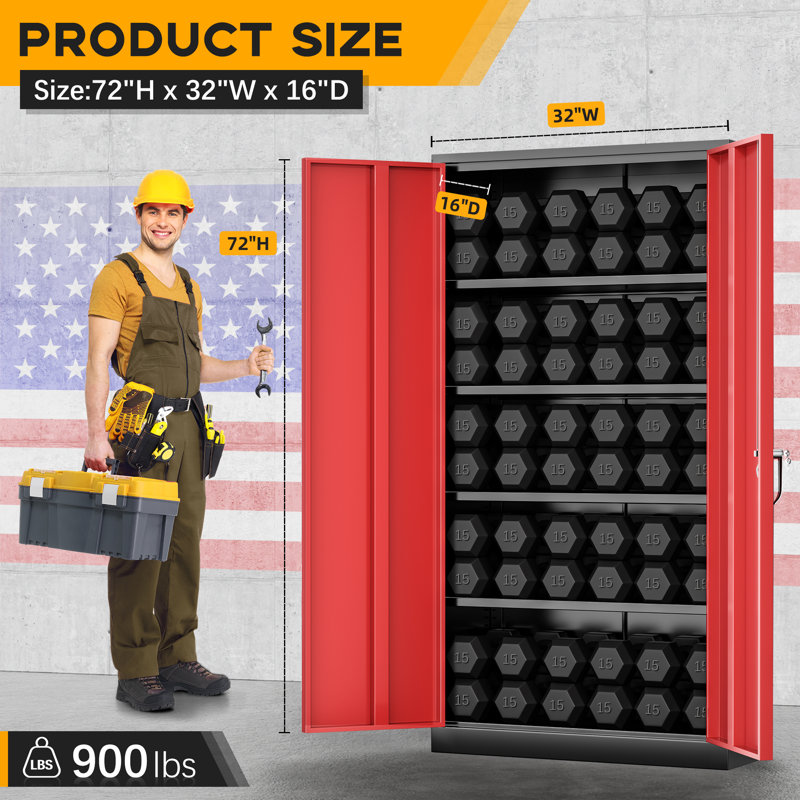 Steel Single Storage Cabinet with Lock ( 72'' H x 32'' W x 16'' D), Black/Red