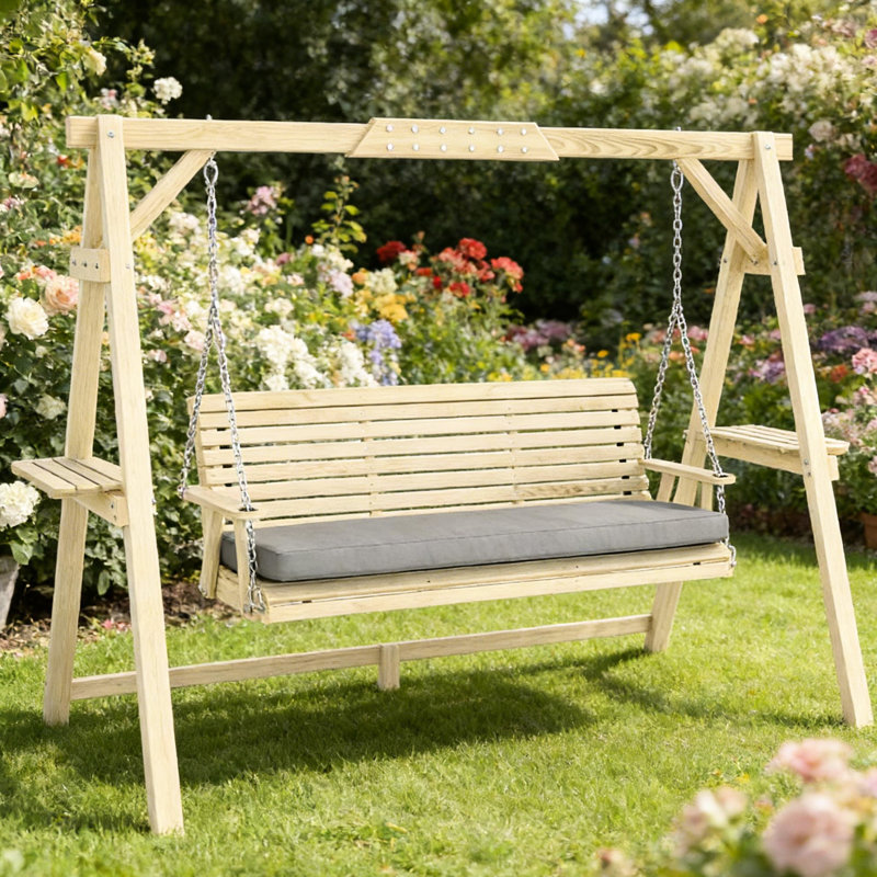 Balancelle d'extérieur avec système de chaîne réglable, sièges rembourrés épais et rangement latéral pour une conception ergonomique relaxante, plateaux pratiques à coussins amovibles