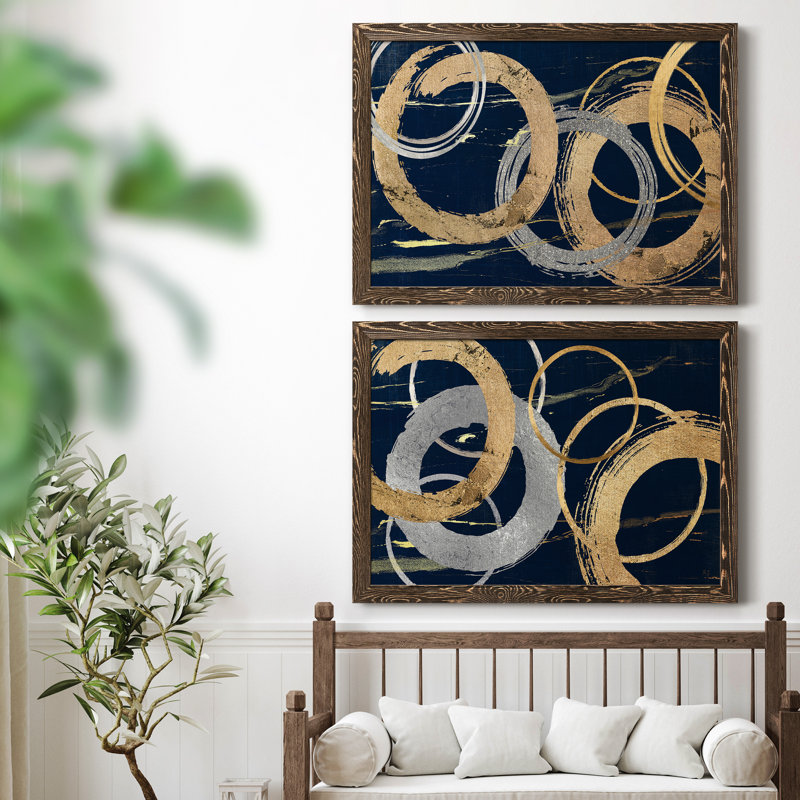 «Gold and Silver Atmosphere I», ensemble de 2 peintures sur toile encadrées, Encadré de bois de noyer