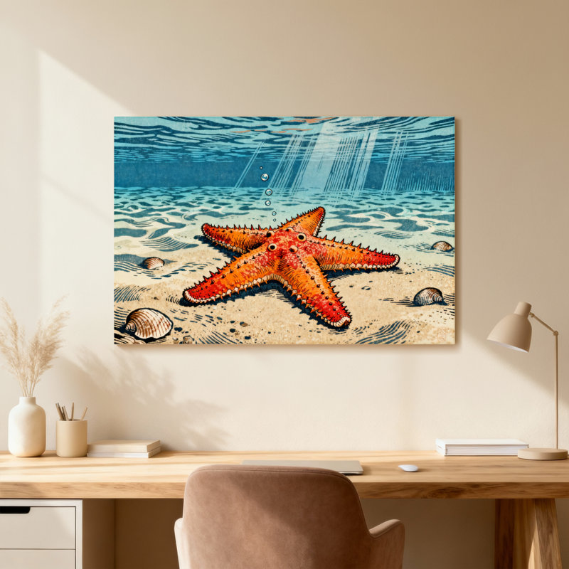 Animal étoile de mer sur fond de sable avec coquillages, H 16 po x l 24 po, Toile tendue, Ne s’applique pas
