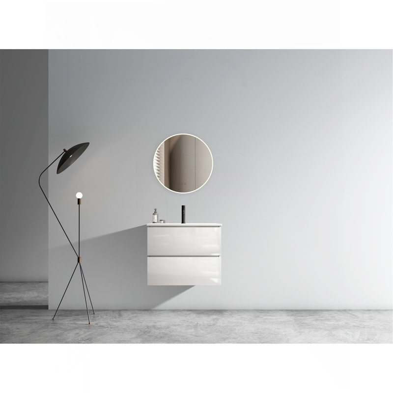 Meuble-lavabo mural blanc brillant de 24 po avec lavabo en céramique et un trou de robinet, grand meuble-lavabo flottant de rangement pour salle de bain moderne, pré-assemblé