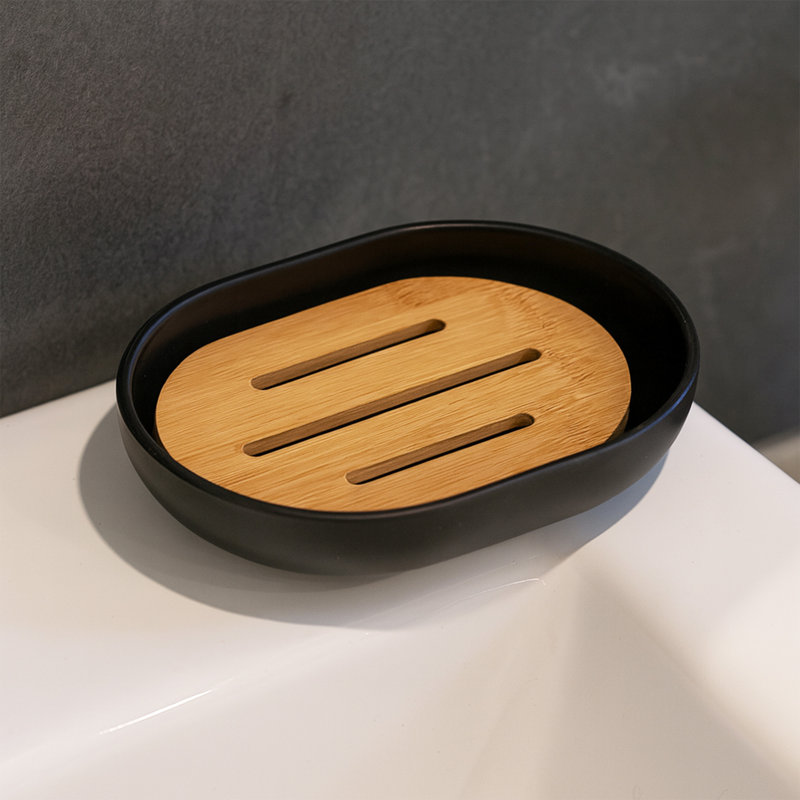 Distributeur de savon à vaisselle avec plateau en bambou PADANG, Gris / brun